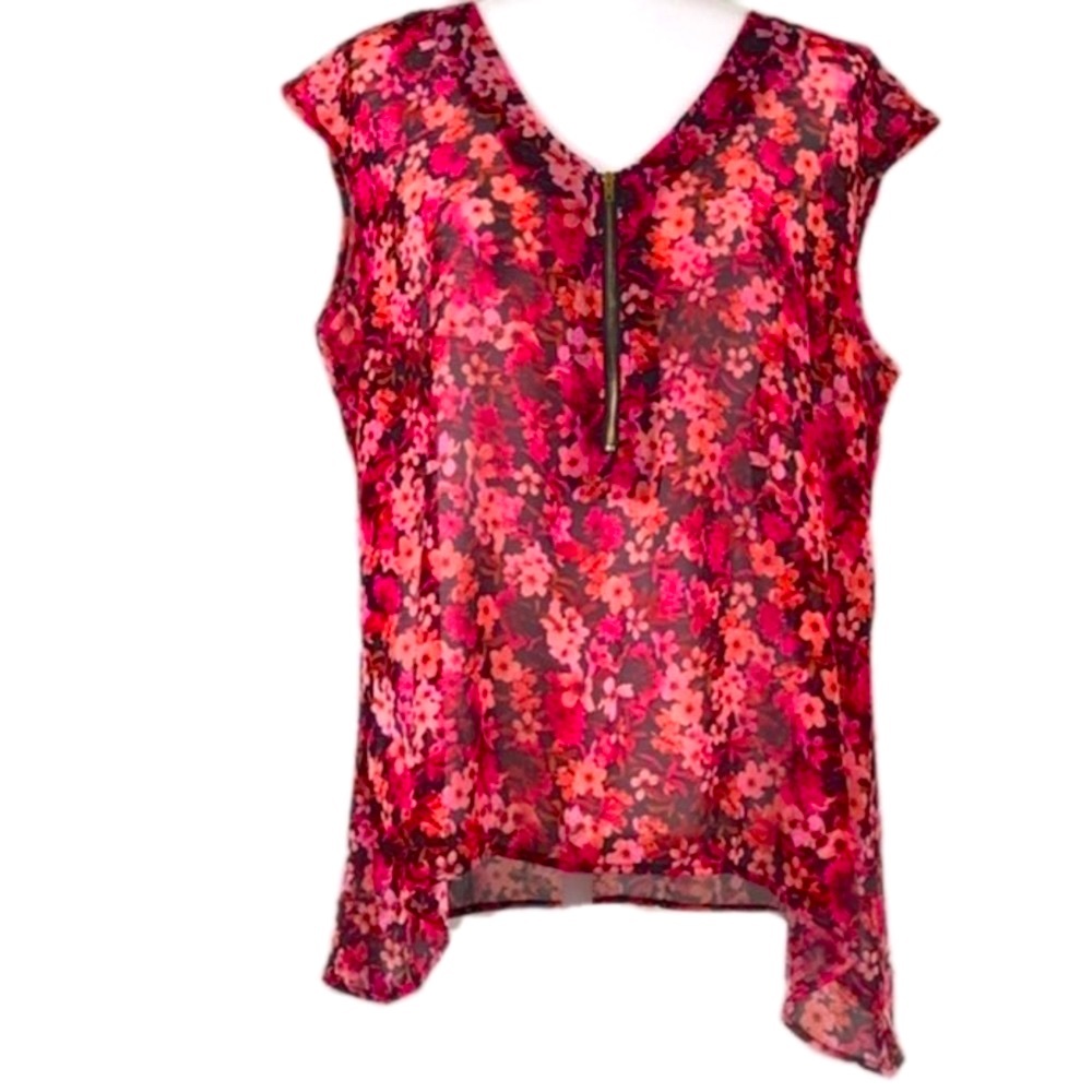 TACERA Semi Sheer Floral 1/2 Zip Sleeveless Blouse M